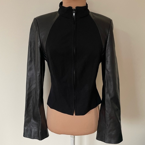 David Rodriguez Lamb Skin Leather Mixed Media Stretch Ponte Bell Sleeve Jacket 6
